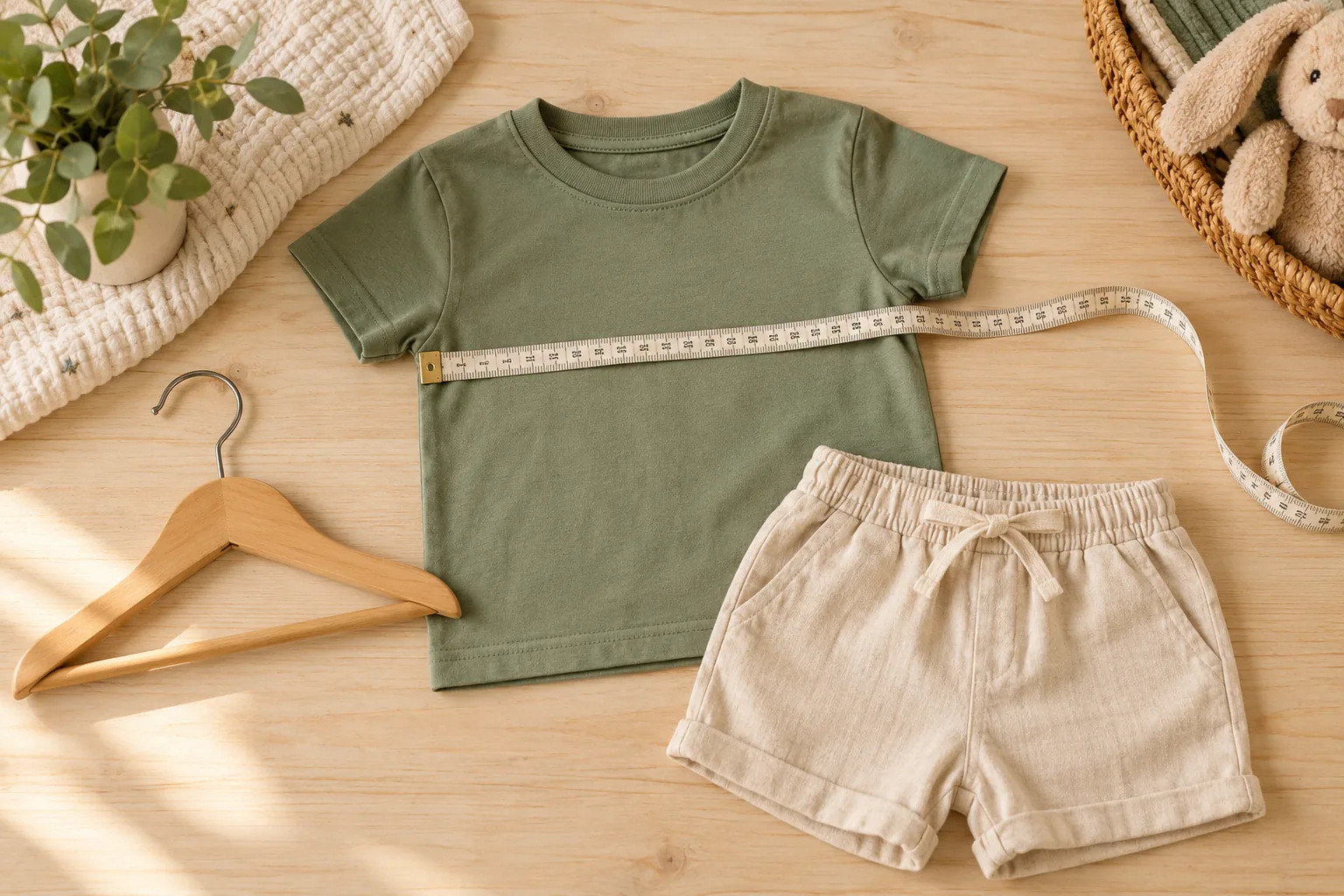 Camiseta verde e bermuda bege infantis sobre mesa de madeira, com fita métrica medindo a largura da camiseta e um cabide ao lado