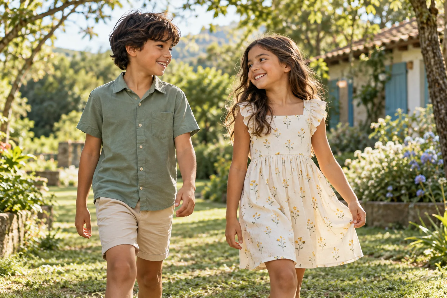 Menino de camisa verde e bermuda clara e menina de vestido floral claro caminhando sorridentes em um jardim ensolarado
